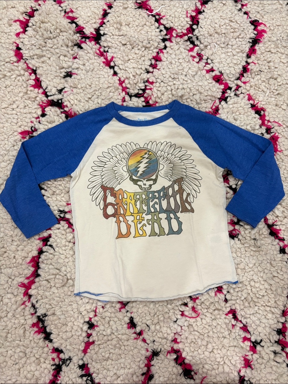 Rowdy Sprout White & Blue Raglan Tee with Rainbow Skull Graphic